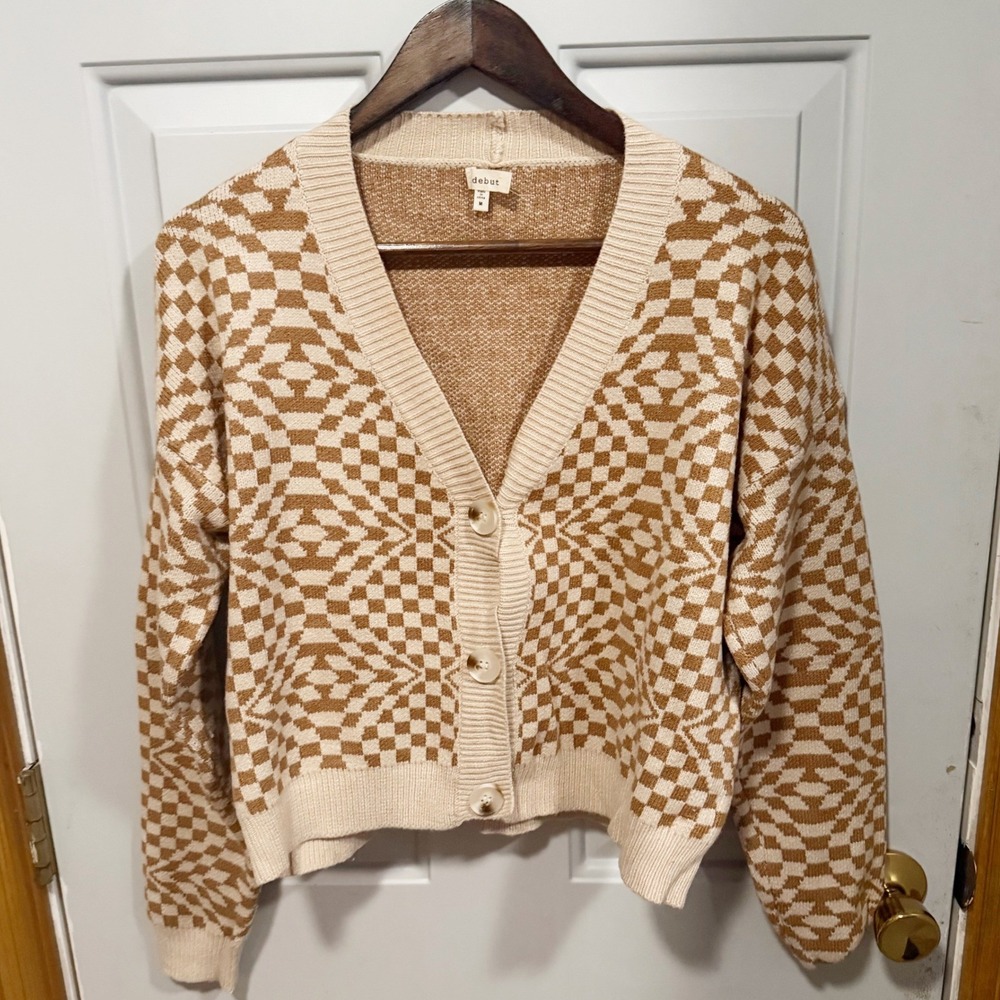 Debut Cardigan Sweater Women Size M Tan Cream Checkerboard Geometric